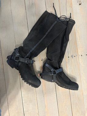 Women's Black Perforated Knee-High Heeled Boots with Harness Detail